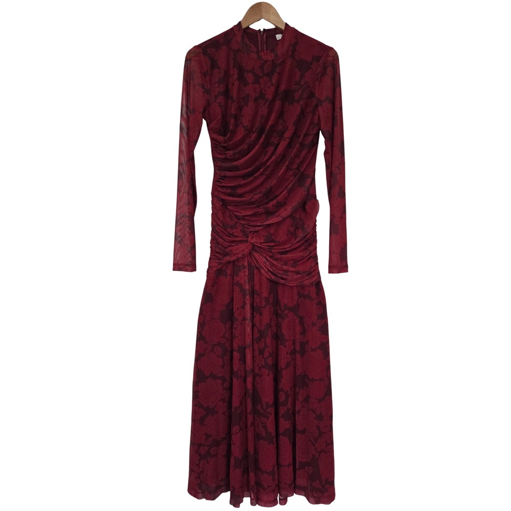 WAYF Selene Ruched Midi Dress Floral Mesh Womens Large Scarlet Roses NWT $89